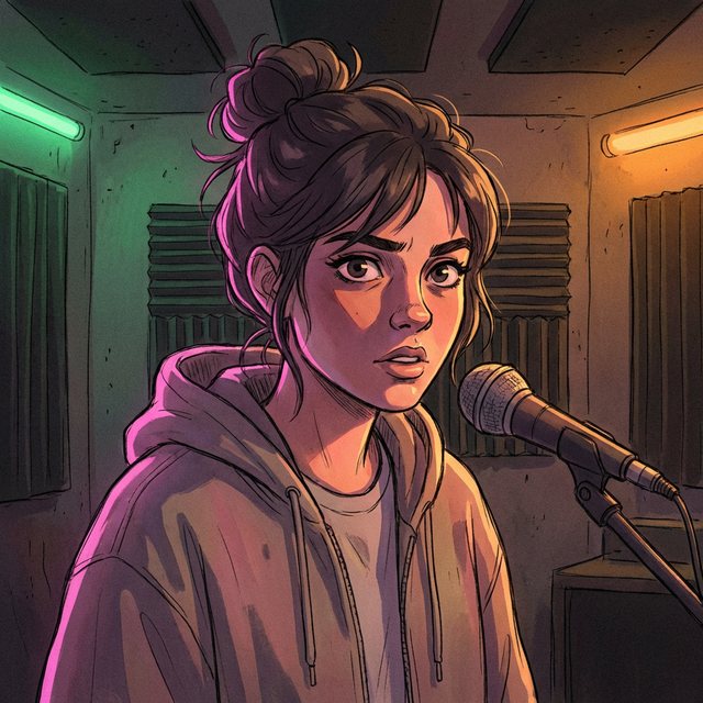 The Girl at a stage microphone: messy top bun, grey hoodie, determined.