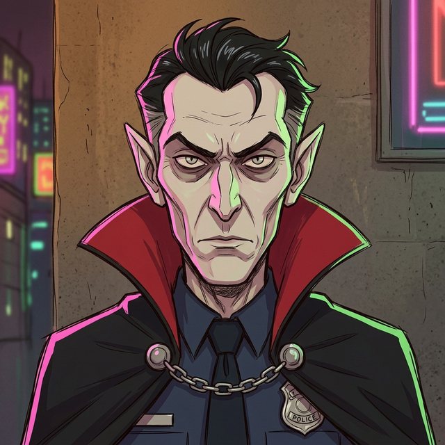The Vampire: pale, slicked-back black hair, pointed ears, in a blue police uniform.