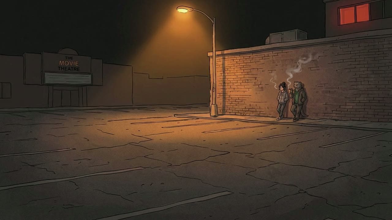 Extreme wide shot of The Parking Lot at night. A vast expanse of cracked asphalt illuminated by a single, buzzing sodium-vapor streetlamp casting a sickly orange glow.