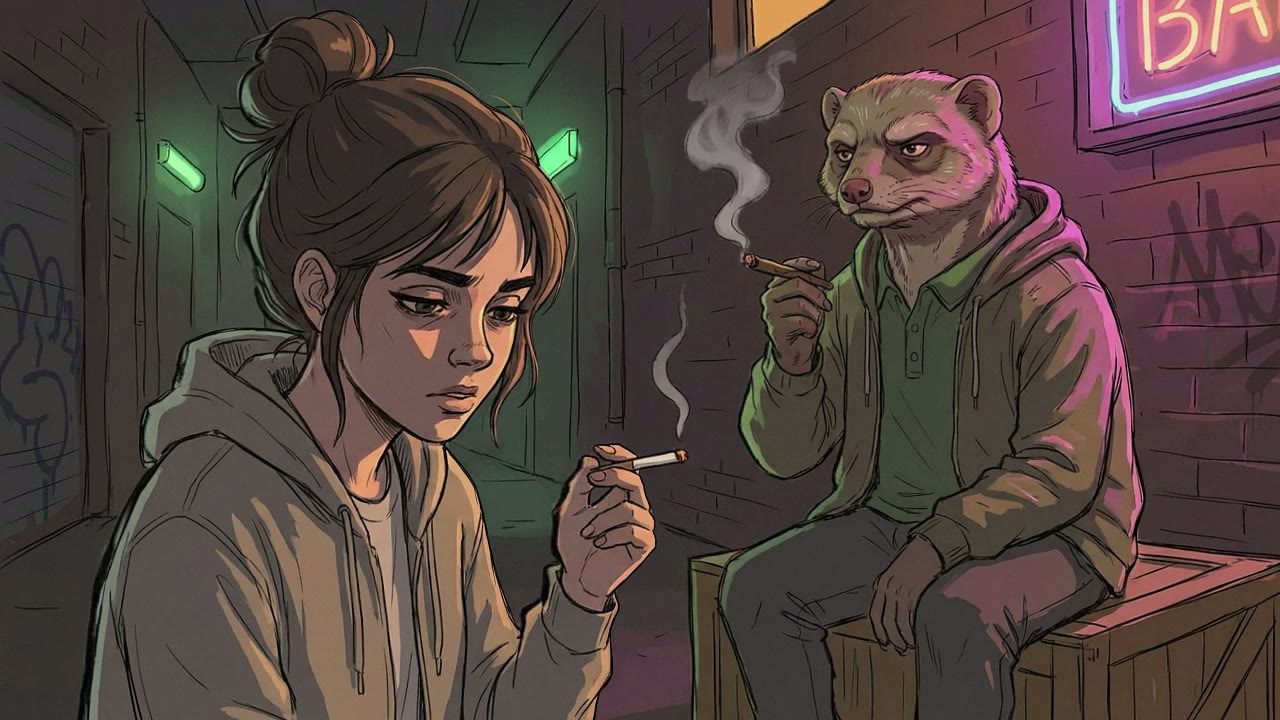 Medium two-shot at eye level. The Girl looks down at The Mongoose, who is perched on a crate or ledge to be closer to eye level, smoking a blunt.