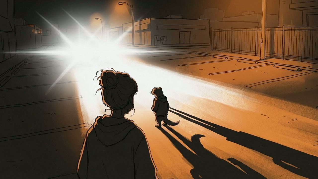Wide shot from the Girl and Mongoose's perspective looking out at the lot. Harsh, blinding white headlights sweep across the frame, flaring the lens and washing out the orange sodium light.