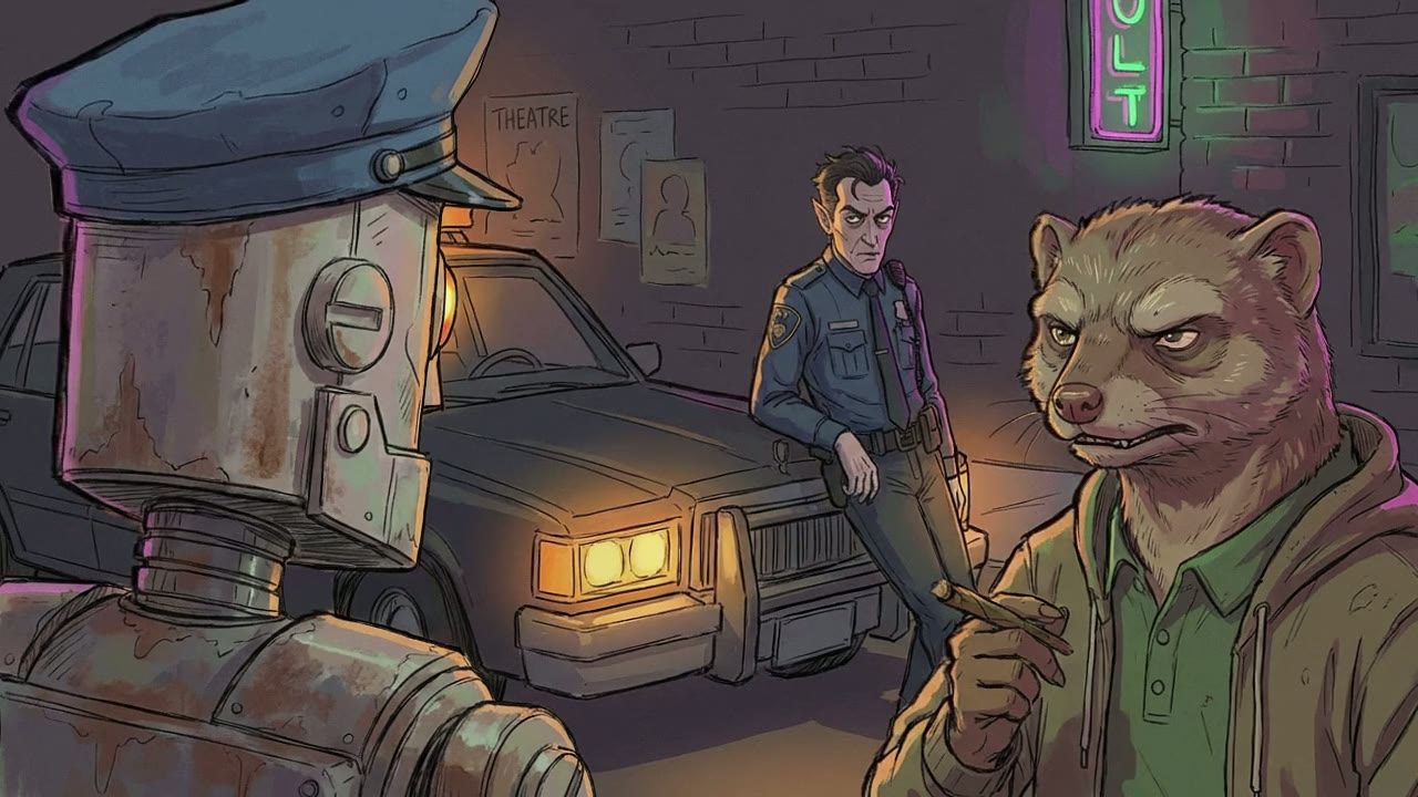 Over-the-shoulder shot past the Robot's metallic shoulder. The Vampire leans against the cruiser, looking serious.