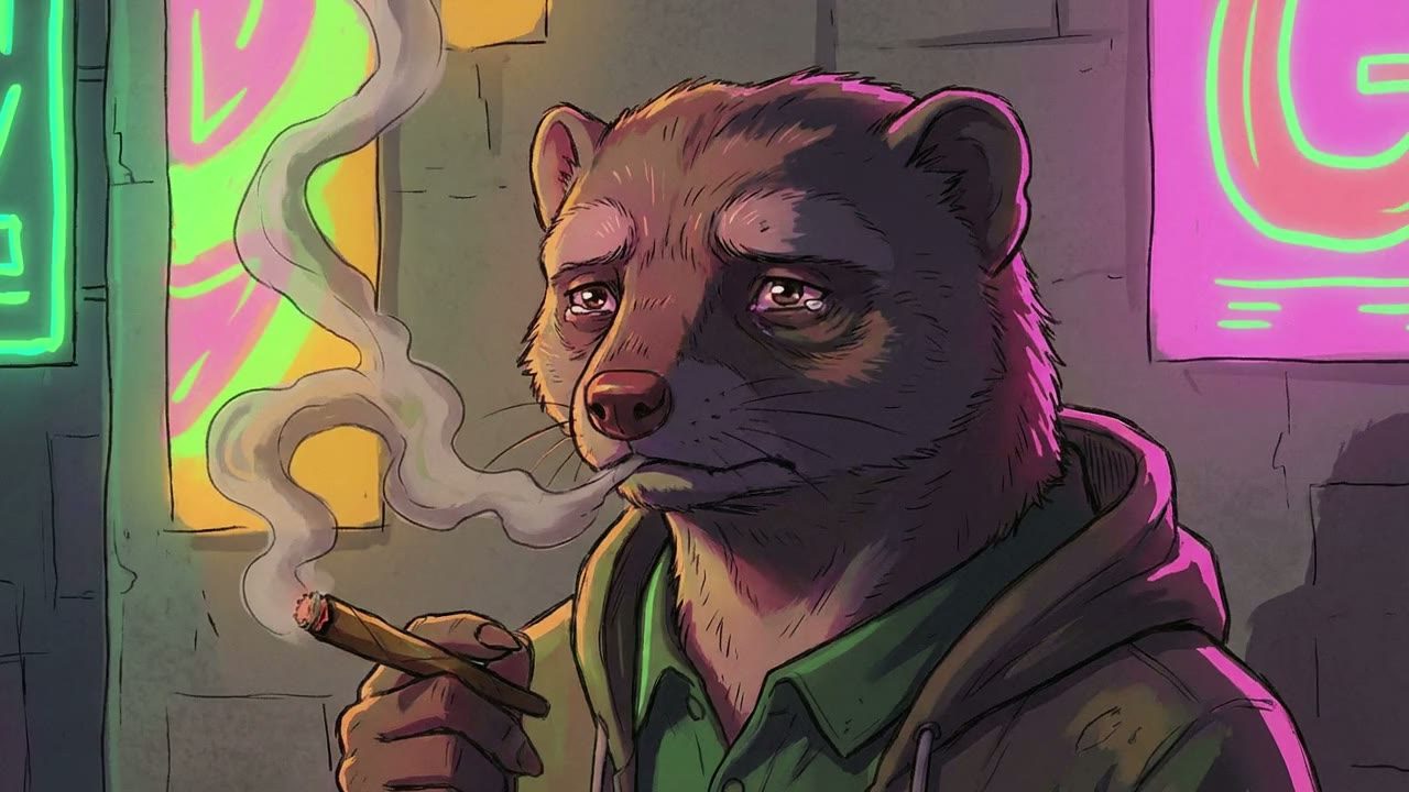 Close-up on The Mongoose. He exhales a long plume of smoke.