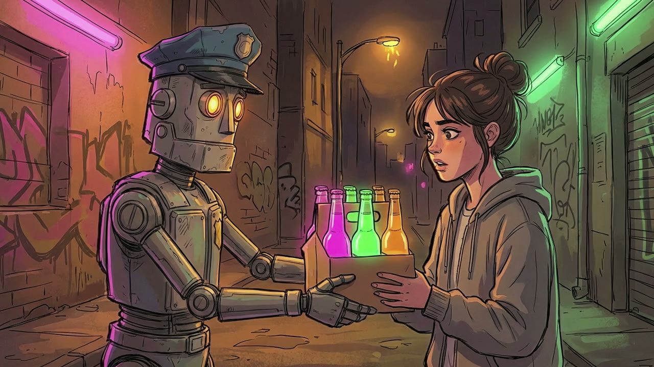 Medium shot. The Robot extends a metallic arm, handing a pack of brightly colored wine coolers to the Girl.
