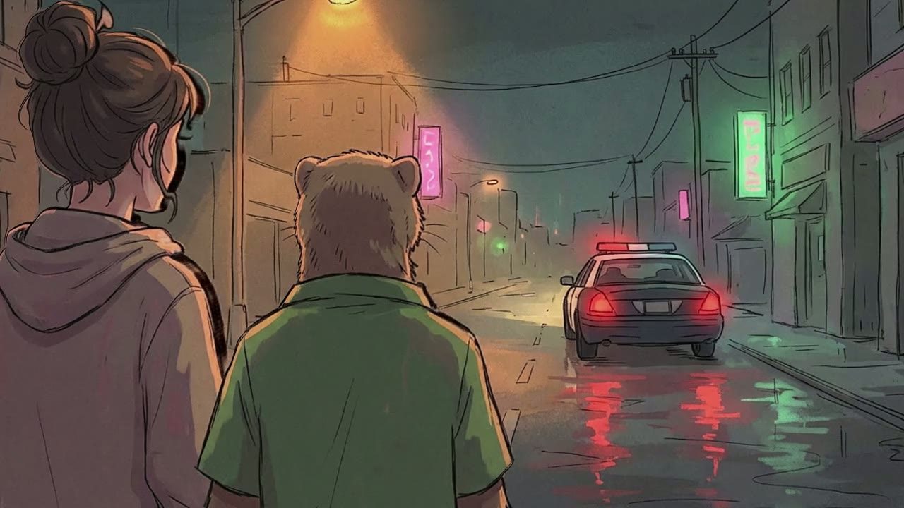 Wide shot from behind The Mongoose and the Girl. They stand side-by-side, small figures watching the police cruiser drive away into the distance.