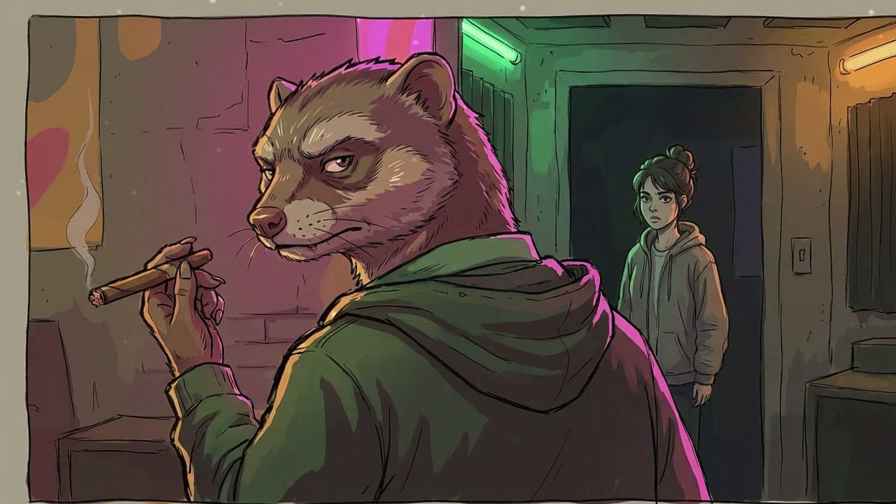 Over-shoulder shot from behind Mongoose as he shrugs the coat on. He turns his head slightly back toward the Girl, who is still standing in the darker area of the room near the entrance.