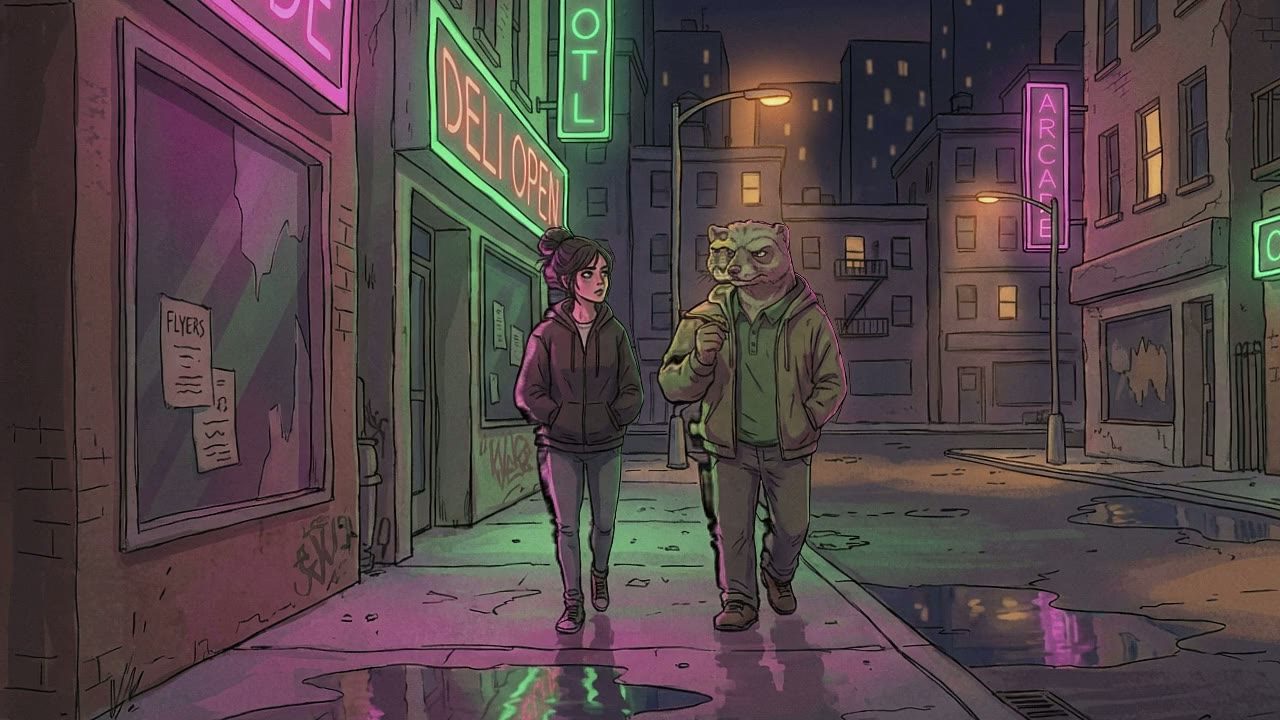 Wide tracking shot of The City Streets at night. The Mongoose and the Girl walk side-by-side along a wet sidewalk.