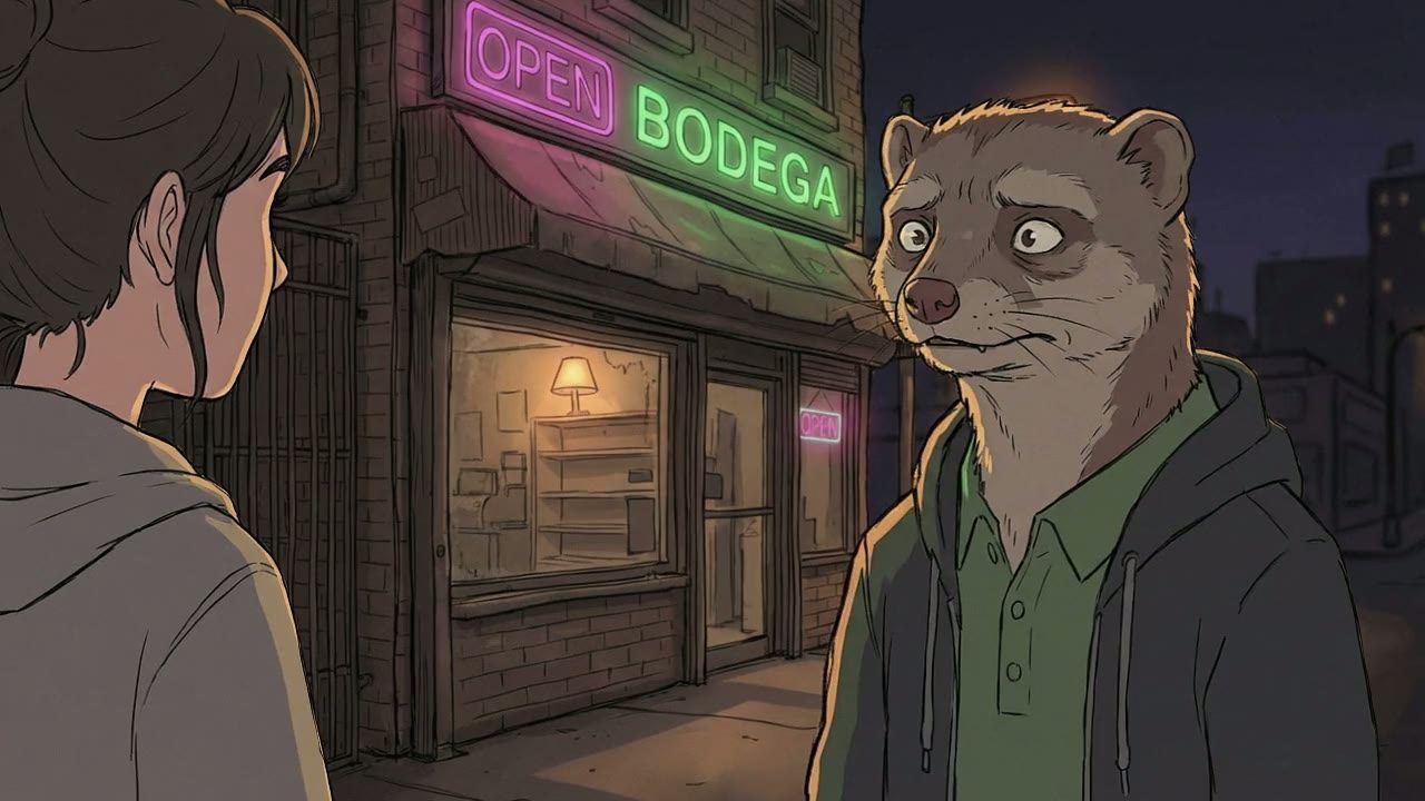 Medium shot favoring the Mongoose. He looks nervous, his fur backlit by the green neon of the bodega.