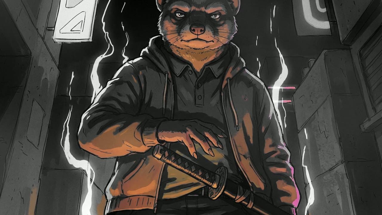 Low angle close-up of the Mongoose. Dramatic lighting from below casts deep shadows over his face.