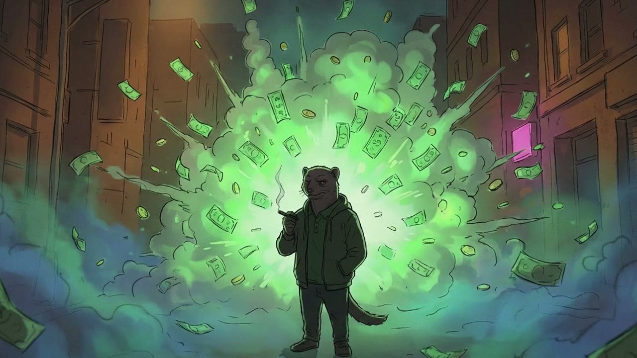Wide shot. The Flying Rat in the background suddenly detonates into a massive cloud of green dollar bills and coins.