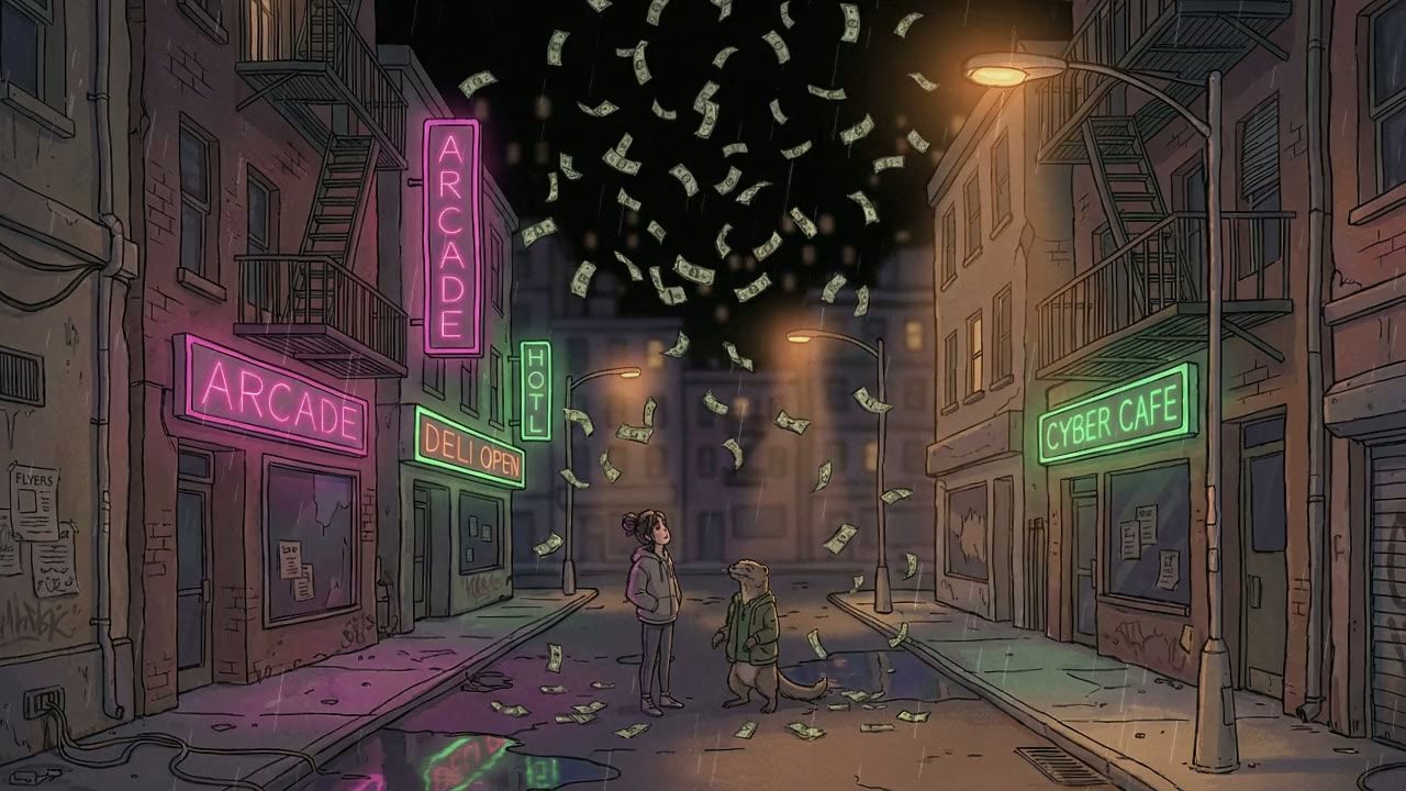 Extreme wide shot of The City Streets at night. The wet asphalt reflects pink and green neon signs.