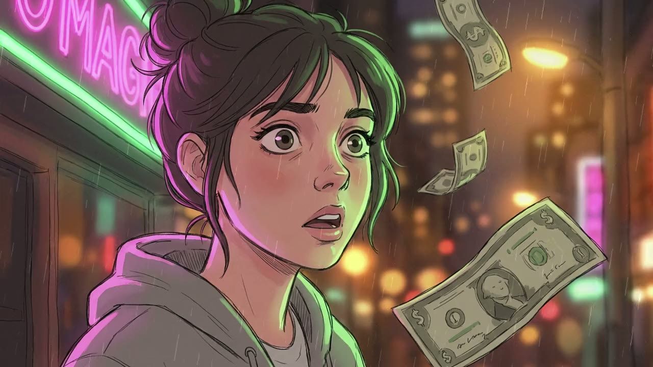 Close-up on the Girl, face illuminated by the soft glow of a nearby neon sign and street lamps. Her mouth is slightly open in shock, eyes tracking the falling bills.