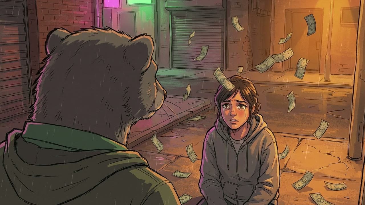 Over-the-shoulder shot looking past the fuzzy shoulder of the Mongoose down at the Girl. She looks devastated, tears welling up, illuminated by harsh street orange sodium light.