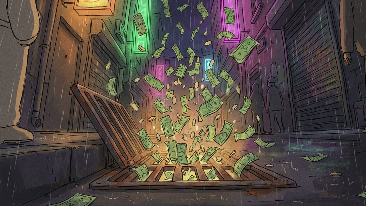 Low angle from the pavement level looking up. A grate in the street explodes with cash, shooting bills upward into the air, adding to the rain from above.