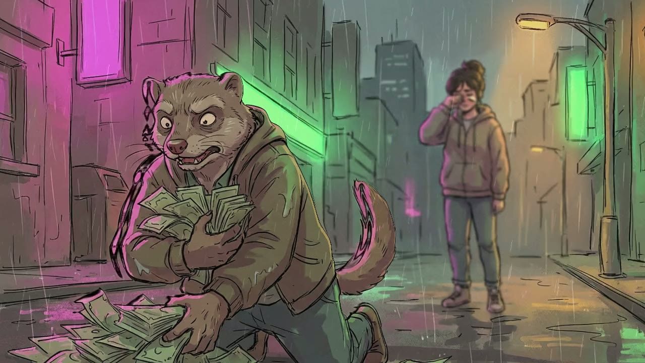 Medium shot. The Mongoose bends down, his small paws frantically scooping up massive piles of wet cash from the street.