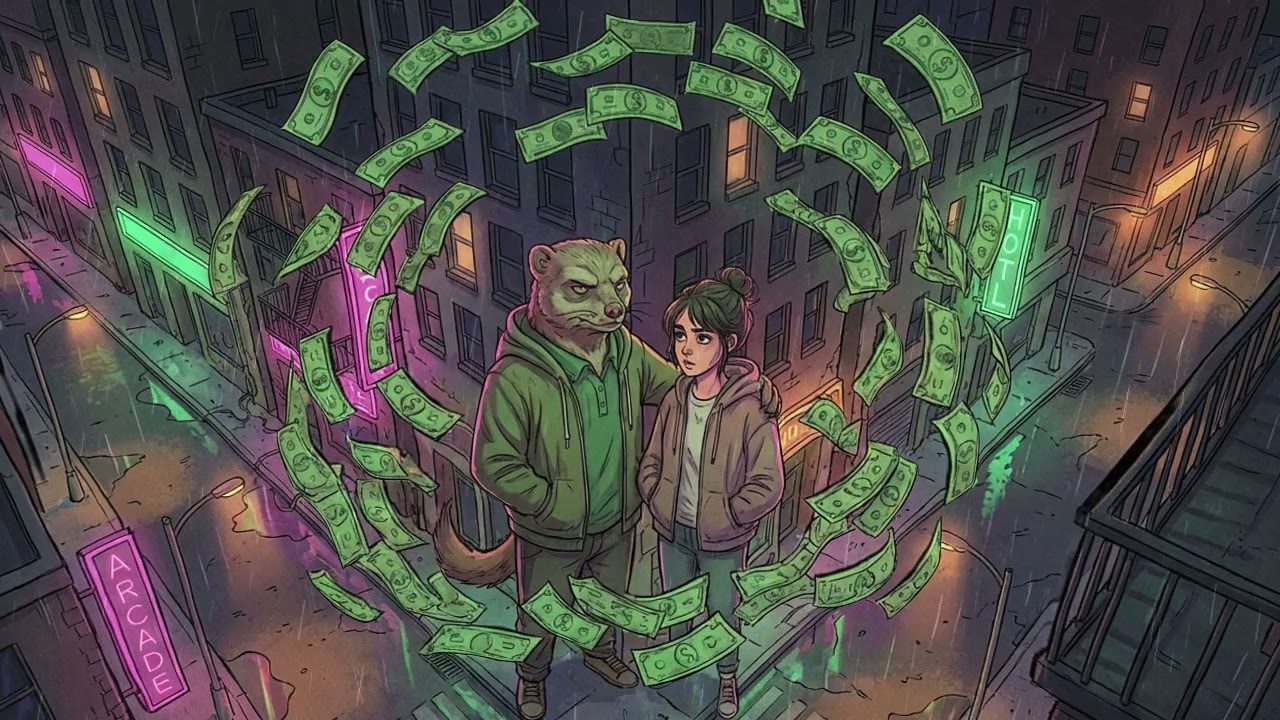 Wide aerial shot looking down at The City Streets. The Mongoose puts a paw around the Girl's shoulders.