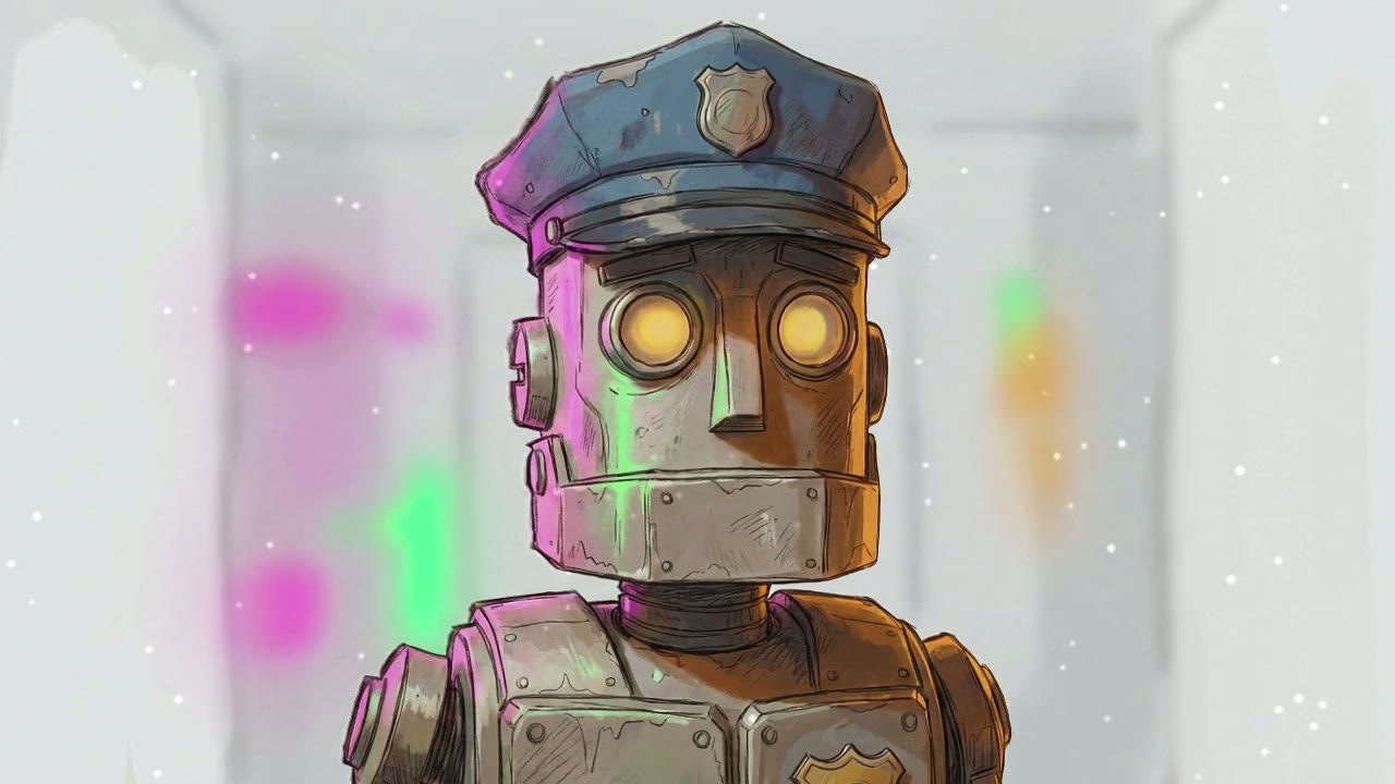Close-up on Robot. Its metal face is devoid of expression, eyes glowing with a dim, steady light.