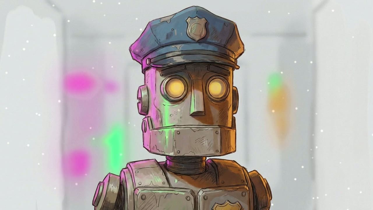 Close-up on Robot. Its metal face is devoid of expression, eyes glowing with a dim, steady light.