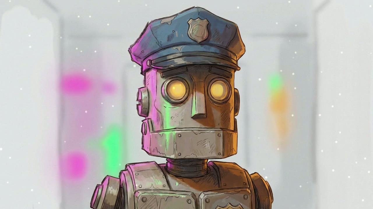 Close-up on Robot. Its metal face is devoid of expression, eyes glowing with a dim, steady light.