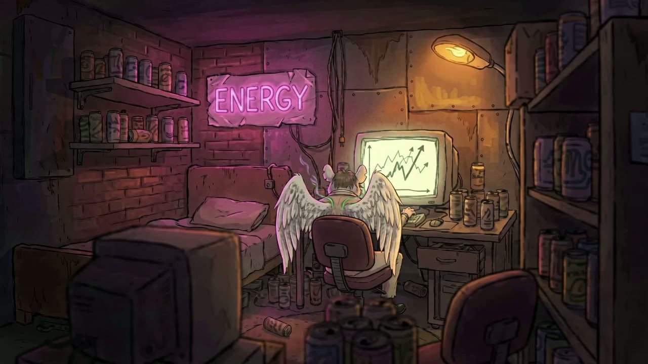 The Flying Rat's room: a cracked monitor glows green in the dark.