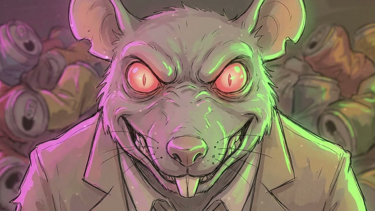 Close-up on the Flying Rat's face. The green light of the stock chart reflects in his beady eyes.