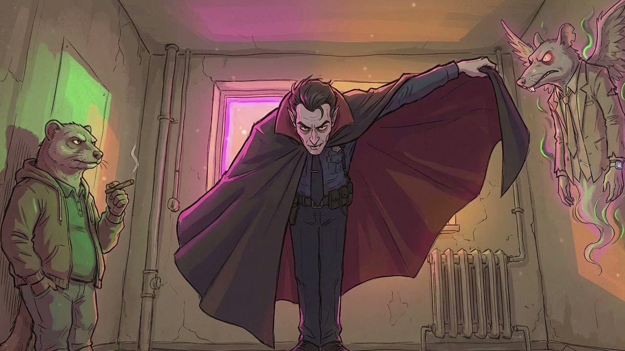 Low-angle shot from the floor. A Vampire sweeps into the cramped room, his Eastern European cape taking up too much space.