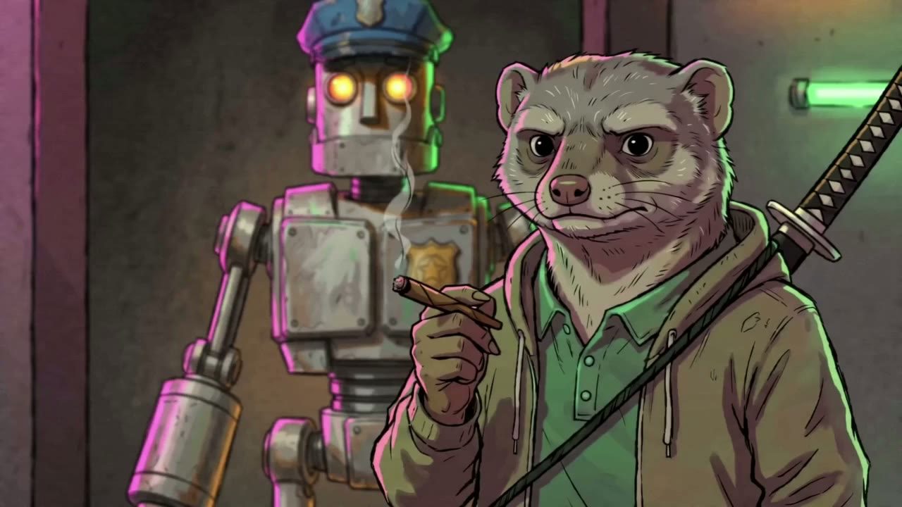 Mongoose in medium close-up with a cigar and katana strap, glancing sideways; the Robot behind him and the Rat's wing in the left foreground.