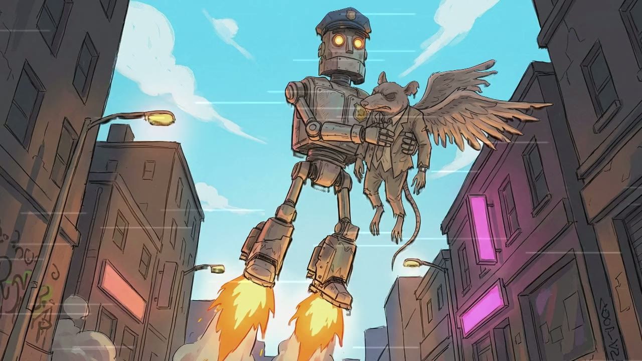 Low-angle shot looking up from a run-down city street. The Robot, a metallic mechanical figure with glowing eyes, blasts upwards into the sky.