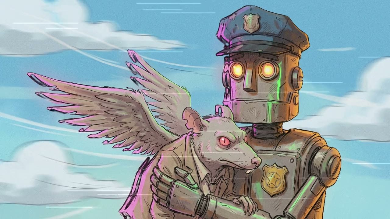 Medium shot, tracking with the subjects. The Robot holds the Flying Rat securely against its metallic chest.