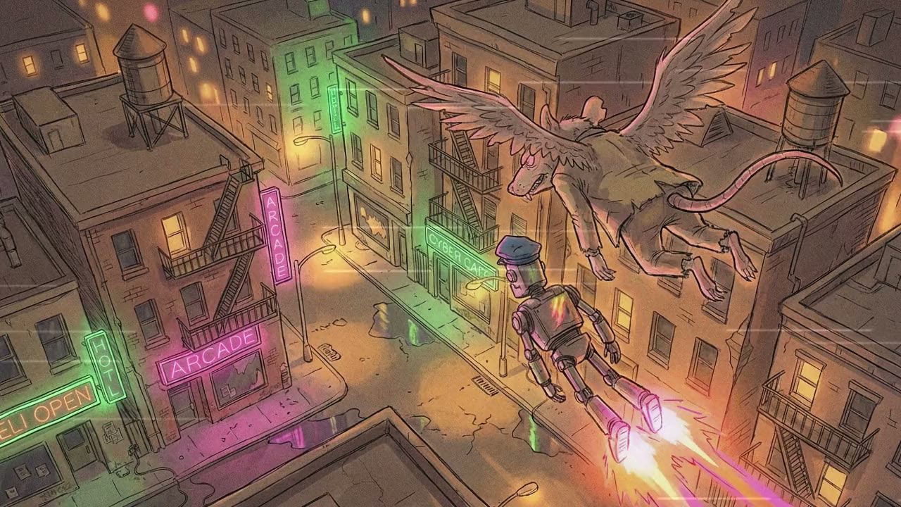 High-angle shot looking down. The Robot and Flying Rat nose-dive back towards the city.
