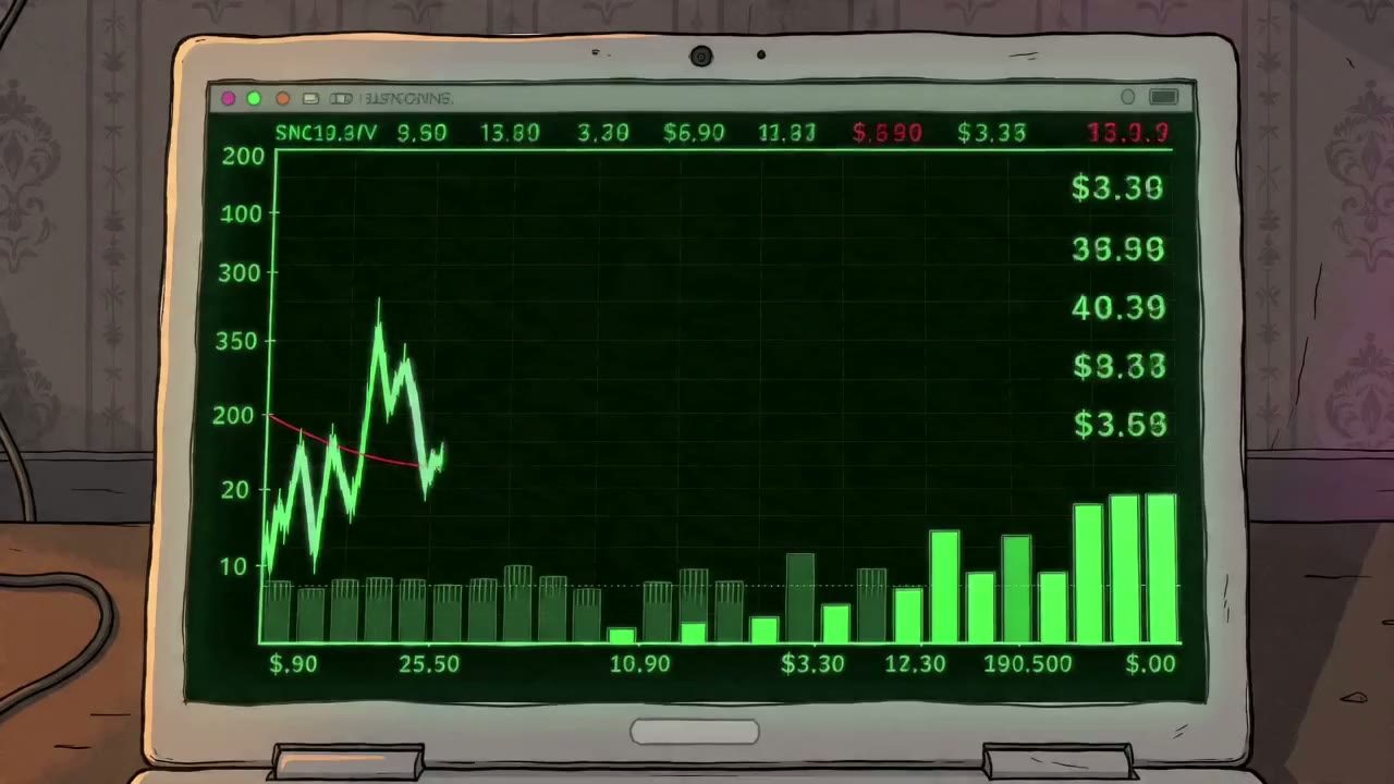 Close-up of the laptop screen: a green stock chart climbs, then at 4.25 turns red with a falling line and the word CRASH.