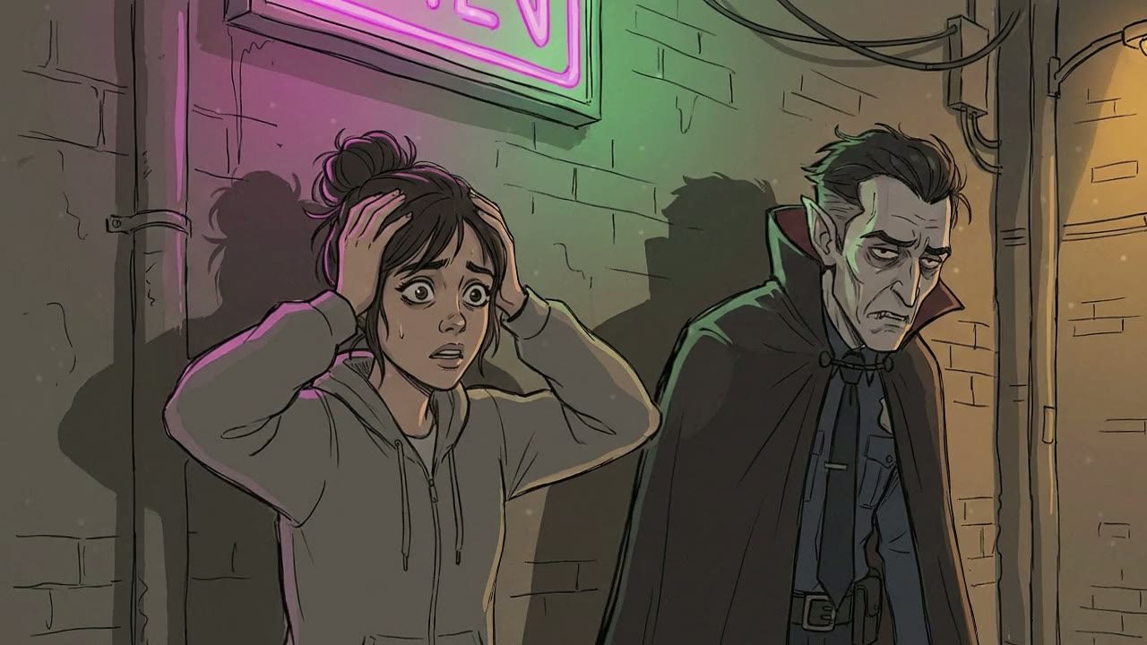 Medium shot of the Girl and the Vampire standing side-by-side. The Girl looks terrified, hands on her head.