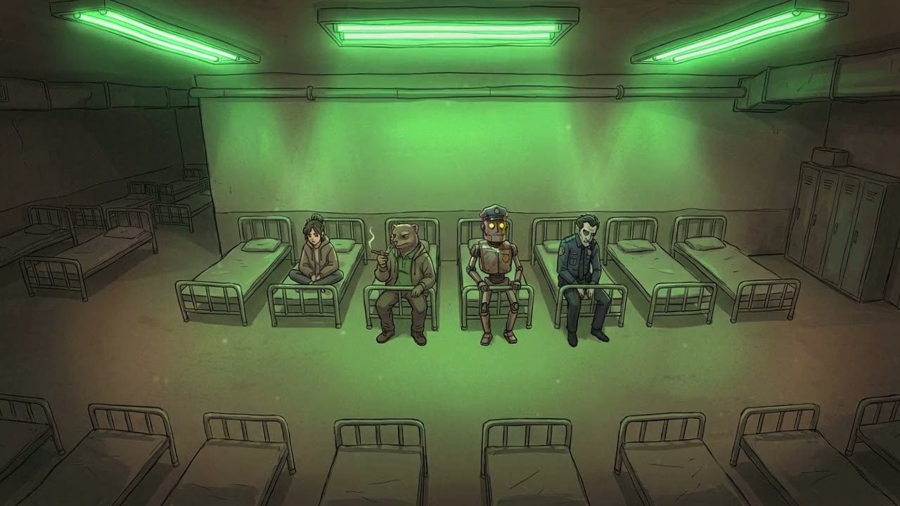 Extreme wide shot, high angle looking down at The Homeless Shelter. The room is vast, sterile, and depressing, illuminated by harsh, buzzing fluorescent lights that cast a sickly green hue.