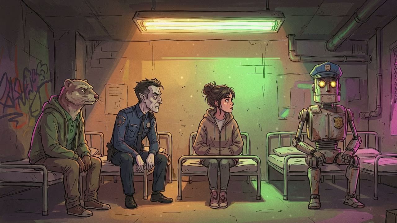Wide shot, profile view of the row of cots. Mongoose, Vampire, and Girl have all turned their heads sharply to the right to look at Robot.