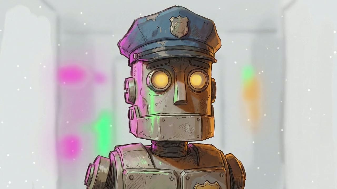 Close-up on Robot. Its metal face is devoid of expression, eyes glowing with a dim, steady light.