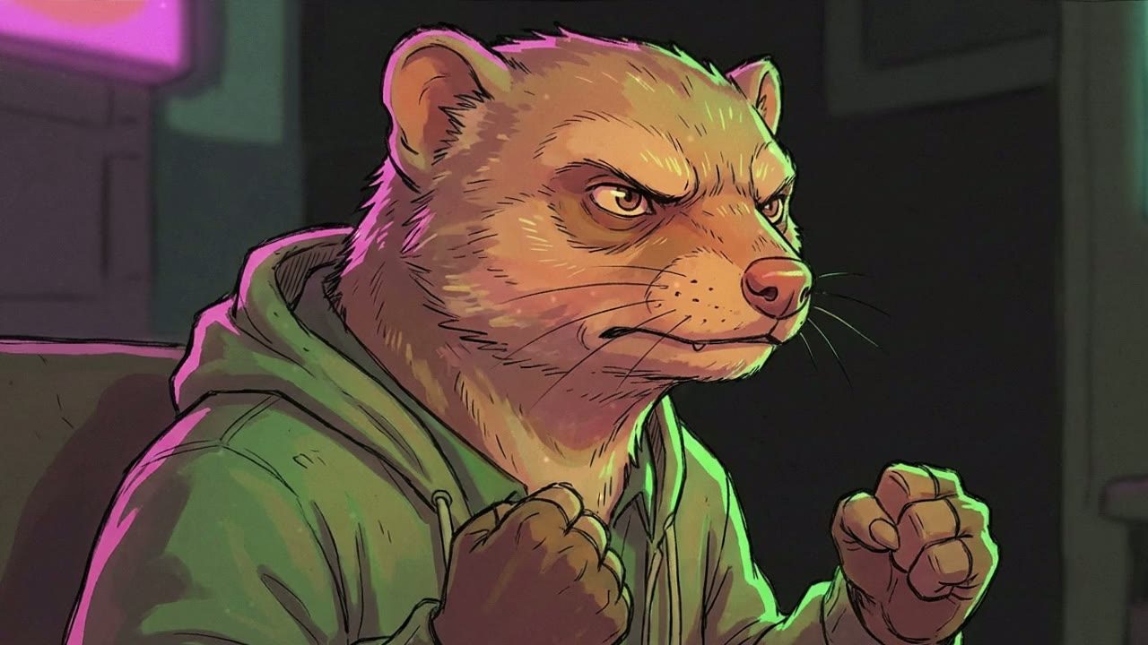 Close-up on Mongoose. The lighting catches the fur on his face as his expression hardens into determination.