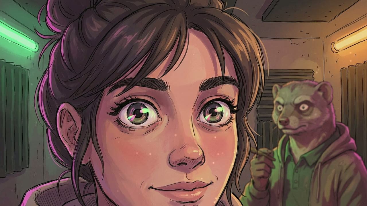 Extreme close-up on Girl's eyes. The smile fades into a look of sudden, intense realization.