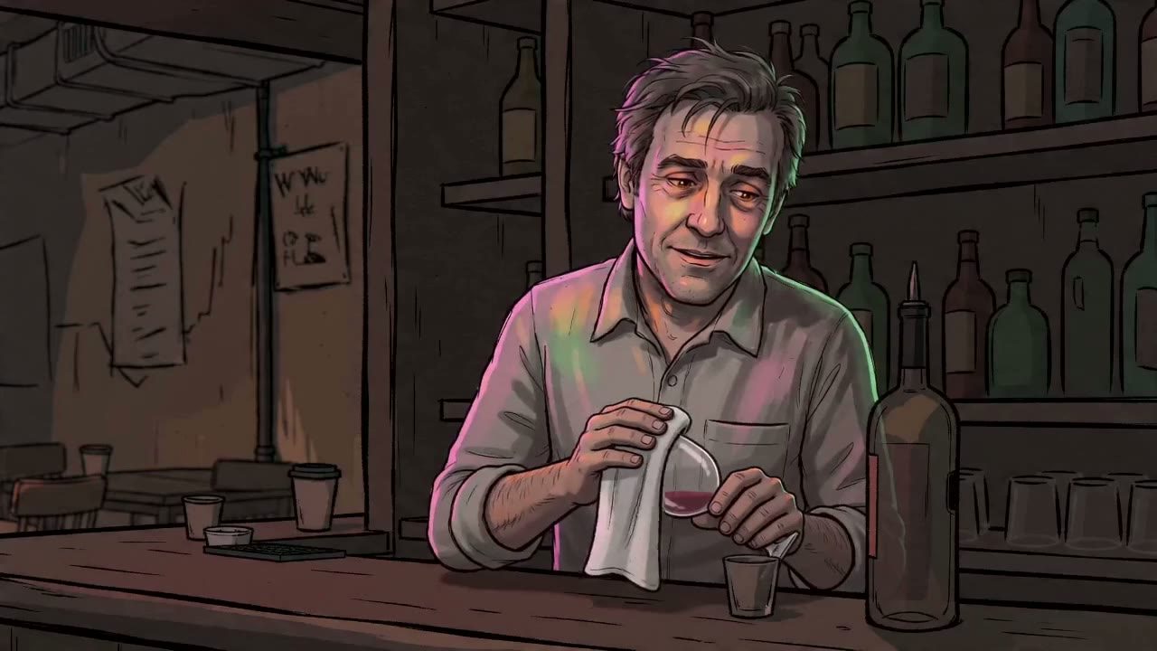 Manager (grey-streaked messy hair, light grey shirt, sleeves rolled) behind the bar polishing a wine glass; bottles on the back shelf; gestures with an open arm at 2.0; speaks line 1.