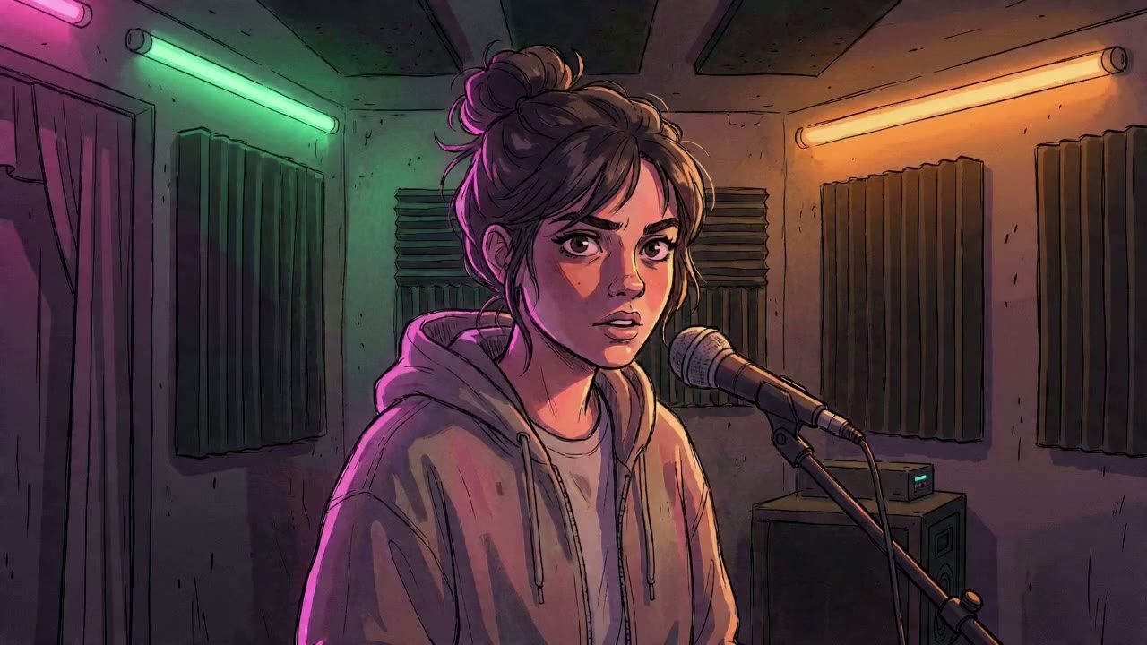 Girl at the microphone, medium close-up: dark hair in a messy top bun, grey hoodie, mic at right, green and amber tube lights behind; speaks line 1.