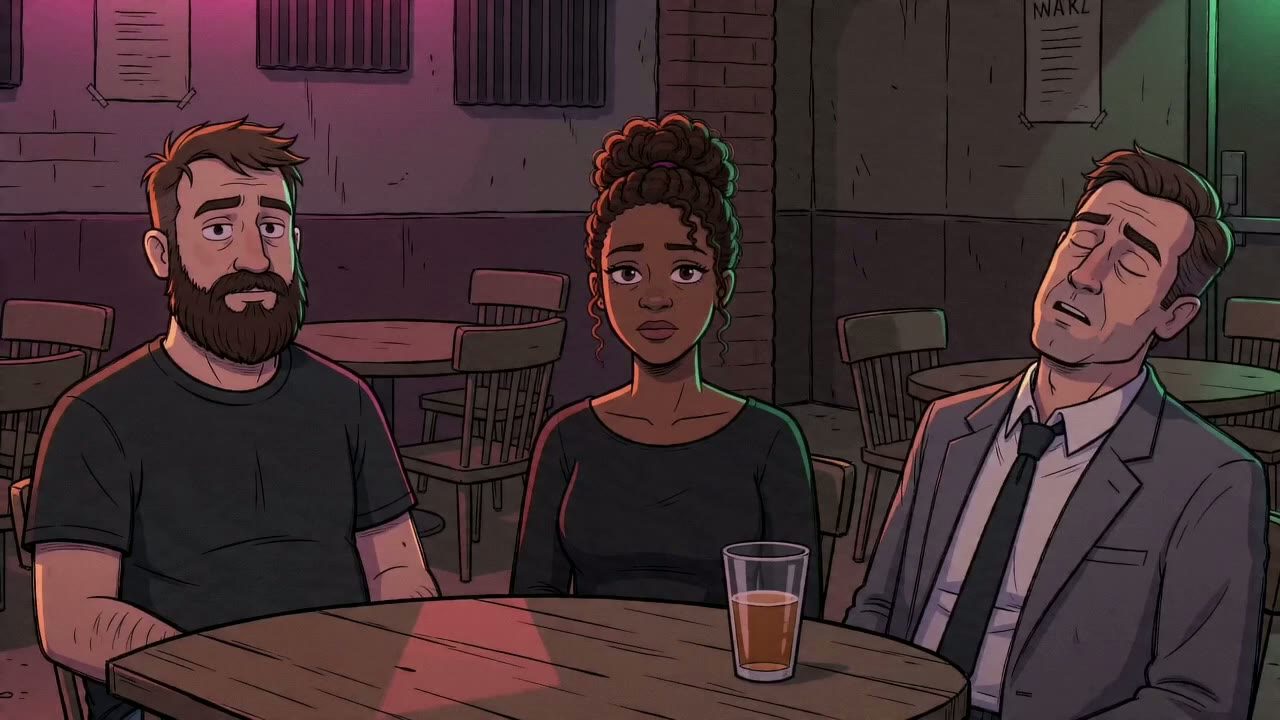 Three-person audience at a round table: bearded man in a black tee, woman with an updo in a black top, man in a grey suit asleep with his head back; a drink on the table. The Girl's second line starts over this shot (5.46).