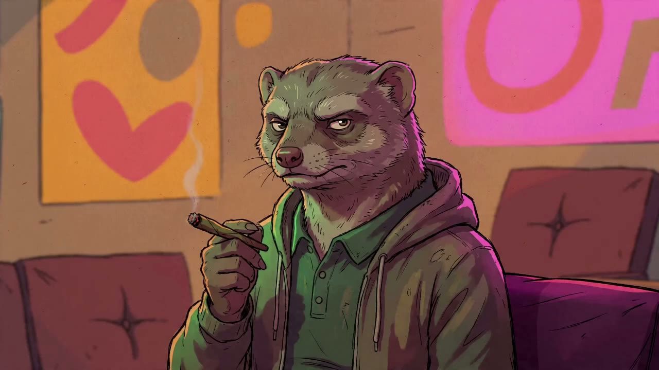 Mongoose in medium close-up on a maroon couch, cigar in hand with smoke curling, in front of an orange heart poster and a pink panel; deadpan; speaks line 1.