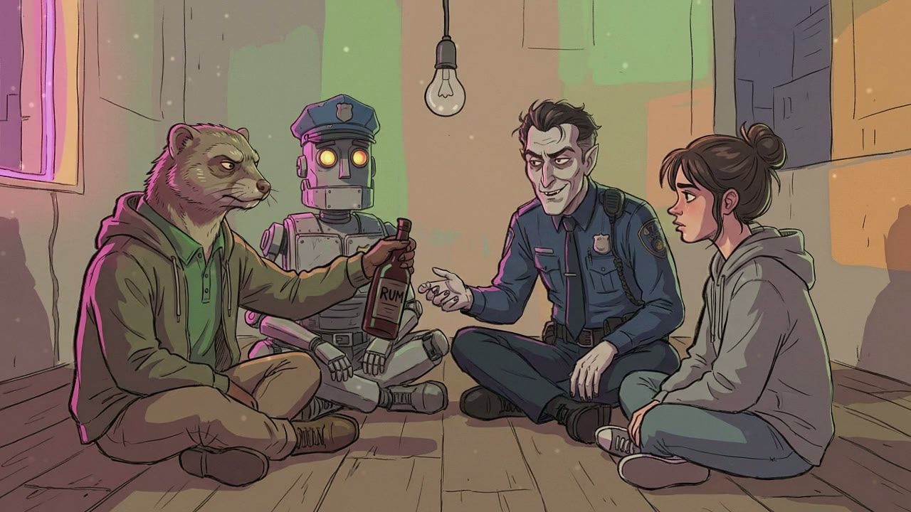 Low-angle shot from the center of the group circle. The Mongoose, Vampire, Robot, and Girl sit cross-legged on the floorboards.