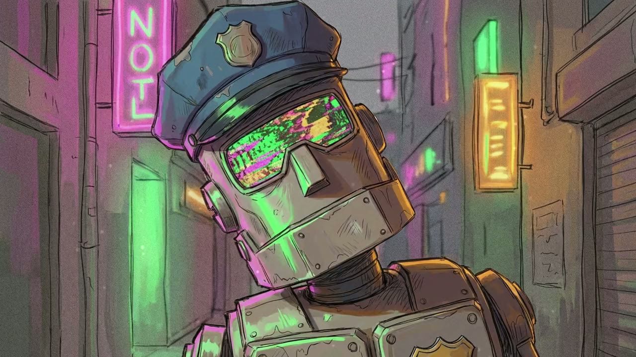 Close-up on the Robot. His visor is glitching, displaying erratic patterns instead of eyes.