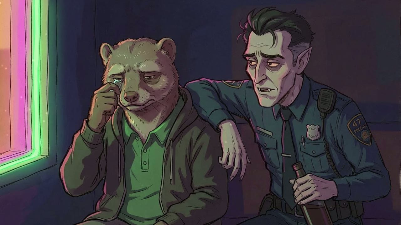 Medium two-shot of the Vampire and the Mongoose. The Mongoose is wiping a tear from his fur.
