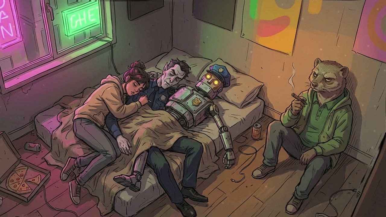 High-angle (God's eye) view of the apartment floor. The Girl, Vampire, and Robot are passed out in a pile, looking like cast-off toys.