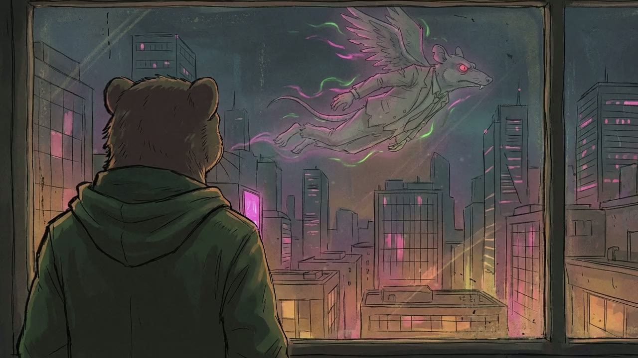 Over-the-shoulder shot from behind the Mongoose, looking at the dirty window pane. In the reflection of the glass, superimposed over the dark city skyline, is the faint, ghostly image of the Flying Rat gliding across the sky.