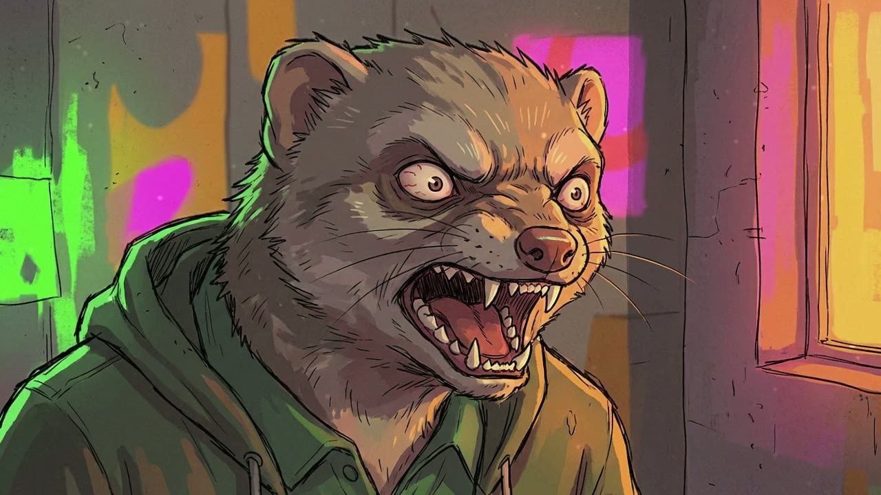 Close-up on the Mongoose. He looks unhinged—fur bristling, eyes wide and bloodshot, teeth bared.