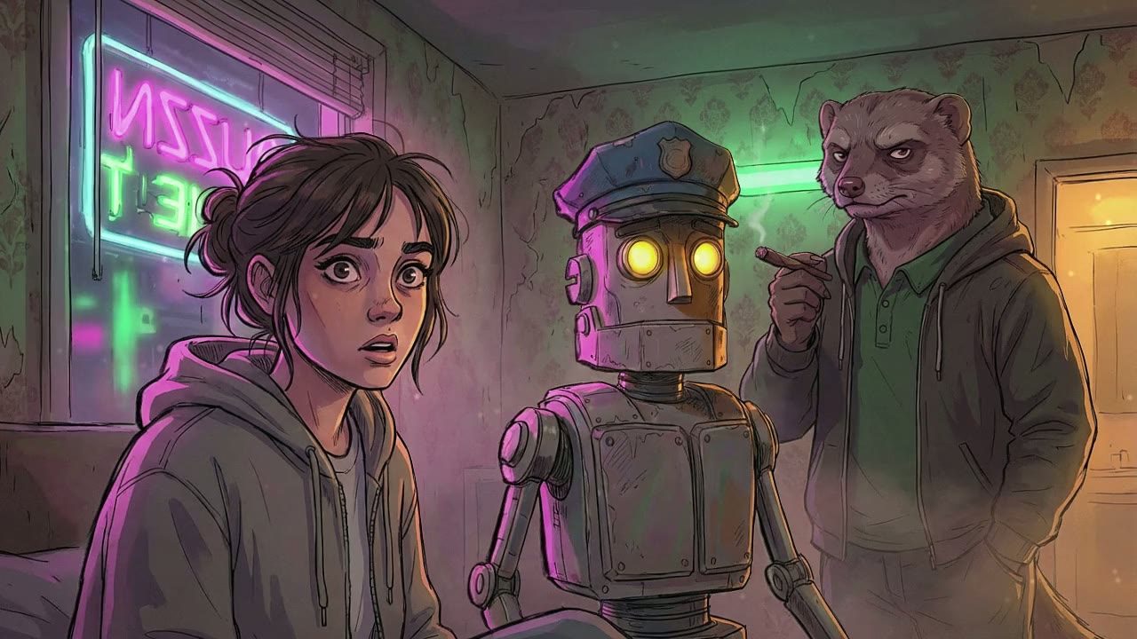 Medium two-shot of the Girl and the Robot. The Girl is sitting up, hair messy, looking at the Mongoose with a mix of shock and intrigue.