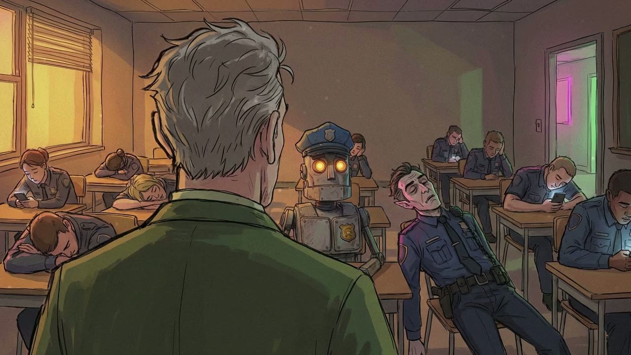 Over-the-shoulder shot from behind Captain Marsh looking out at the class. Most of the recruits are asleep or on their phones.