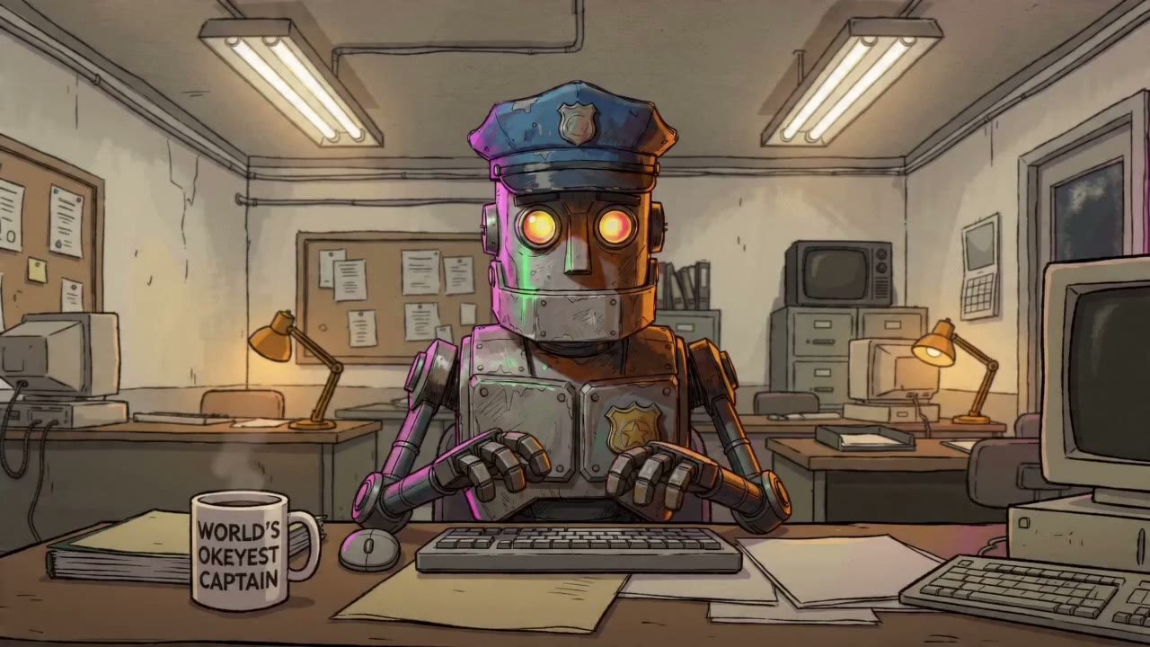 Robot (rusty, amber eyes, blue cap with badge) typing at a cluttered precinct desk; mug 'WORLD'S OKEYEST CAPTAIN', CRT monitors, desk lamps; speaks line 1.
